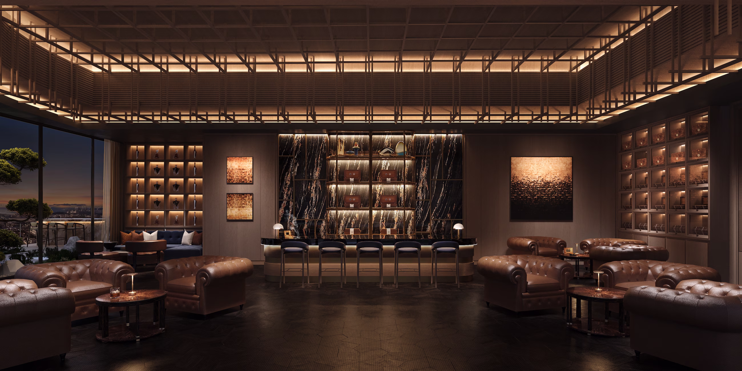 Luxurious lounge with leather sofas, a marble bar with stools, ambient lighting, and city view at dusk.